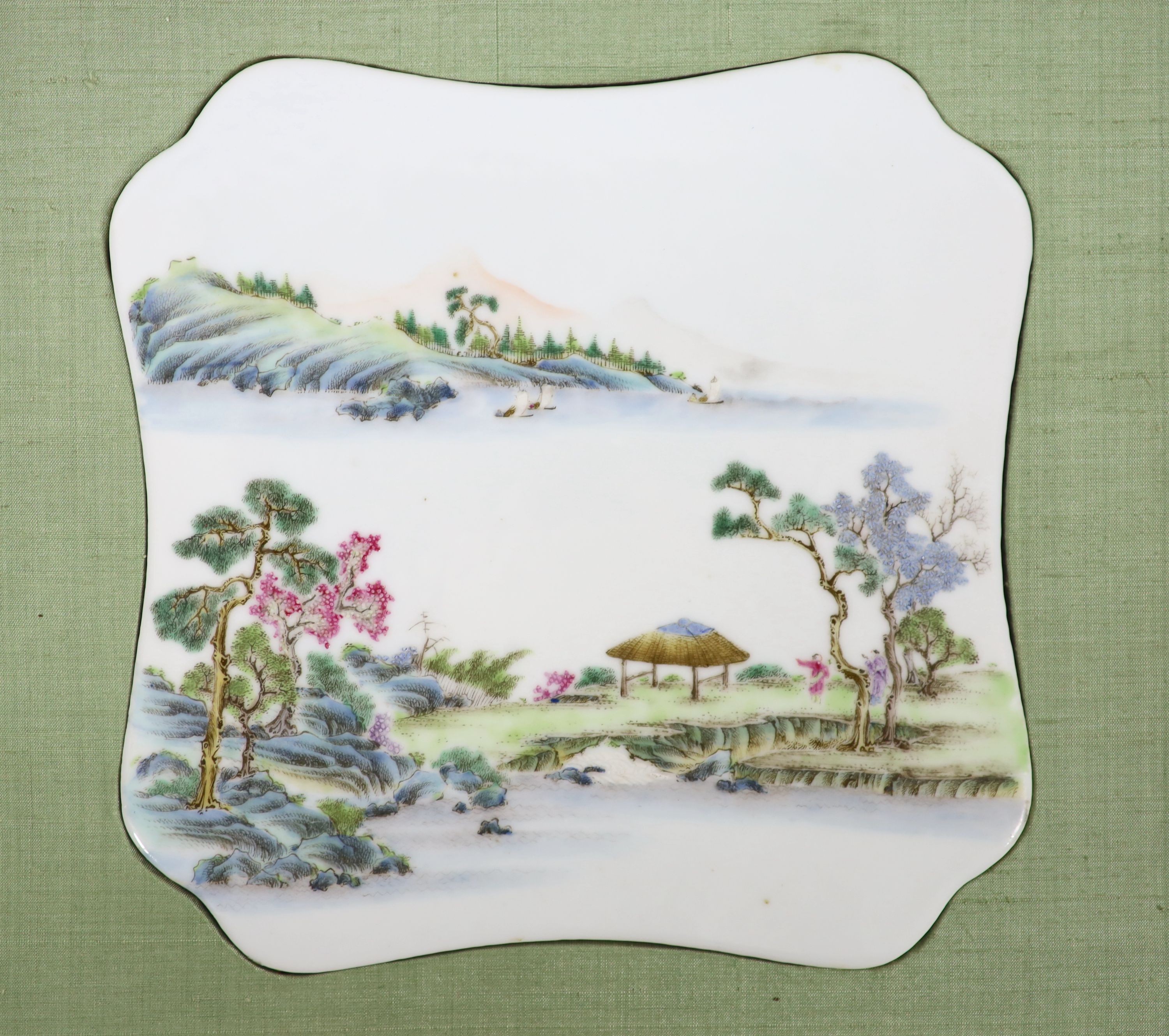 A set of three Chinese famille rose shaped square plaques and another similar plaque, 19th century, 20.5cm to 21cm wide, later mounted and framed (4)